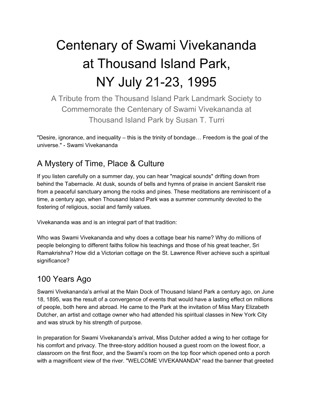 Centenary of Swami Vivekananda at Thousand Island Park, NY July 21