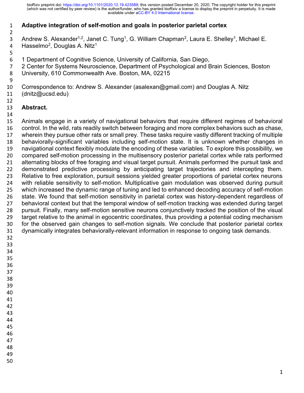 Adaptive Integration of Self-Motion and Goals in Posterior Parietal Cortex 2 3 Andrew S