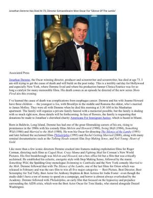 Associated Press Jonathan Demme, the Oscar Winning Director