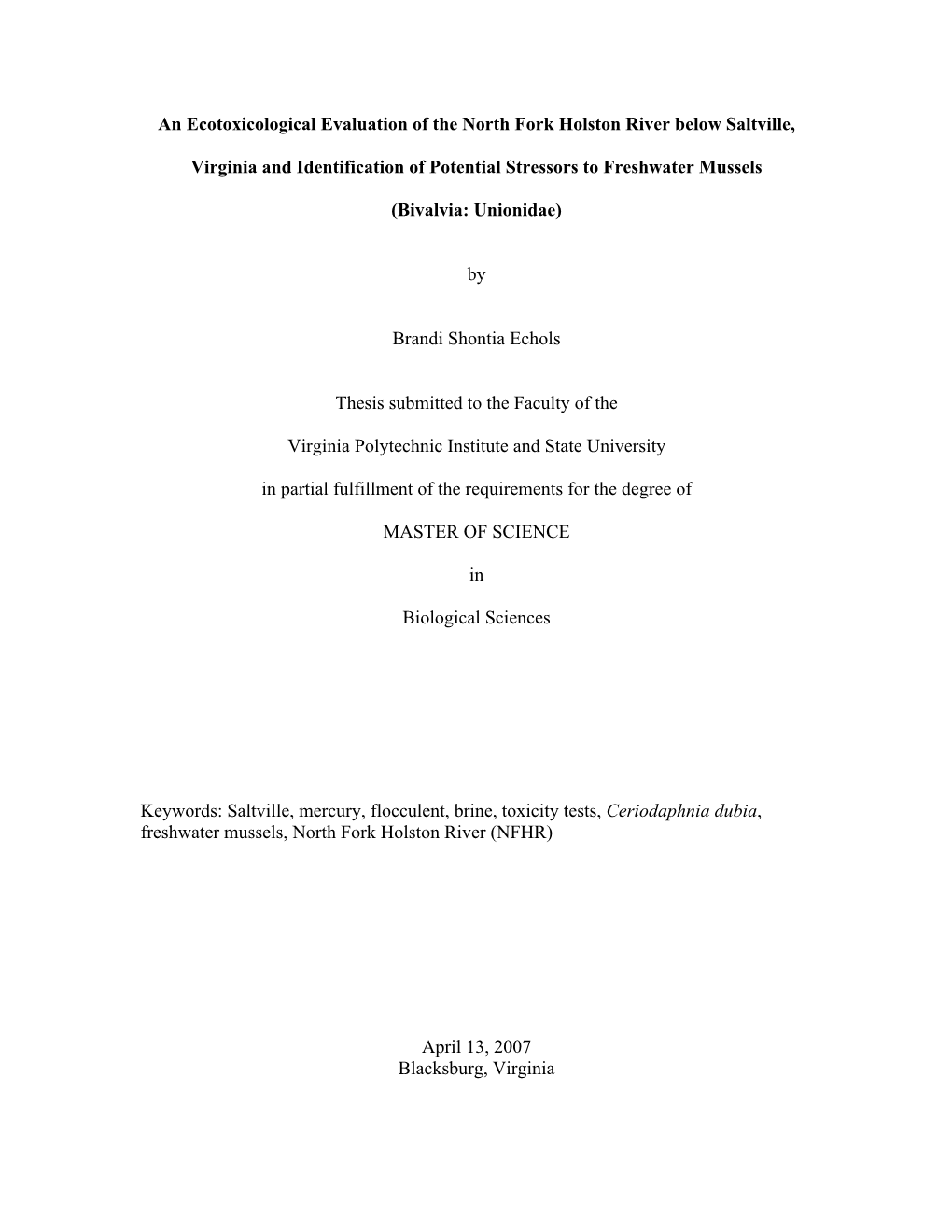 An Ecotoxicological Evaluation of the North Fork Holston River Below Saltville