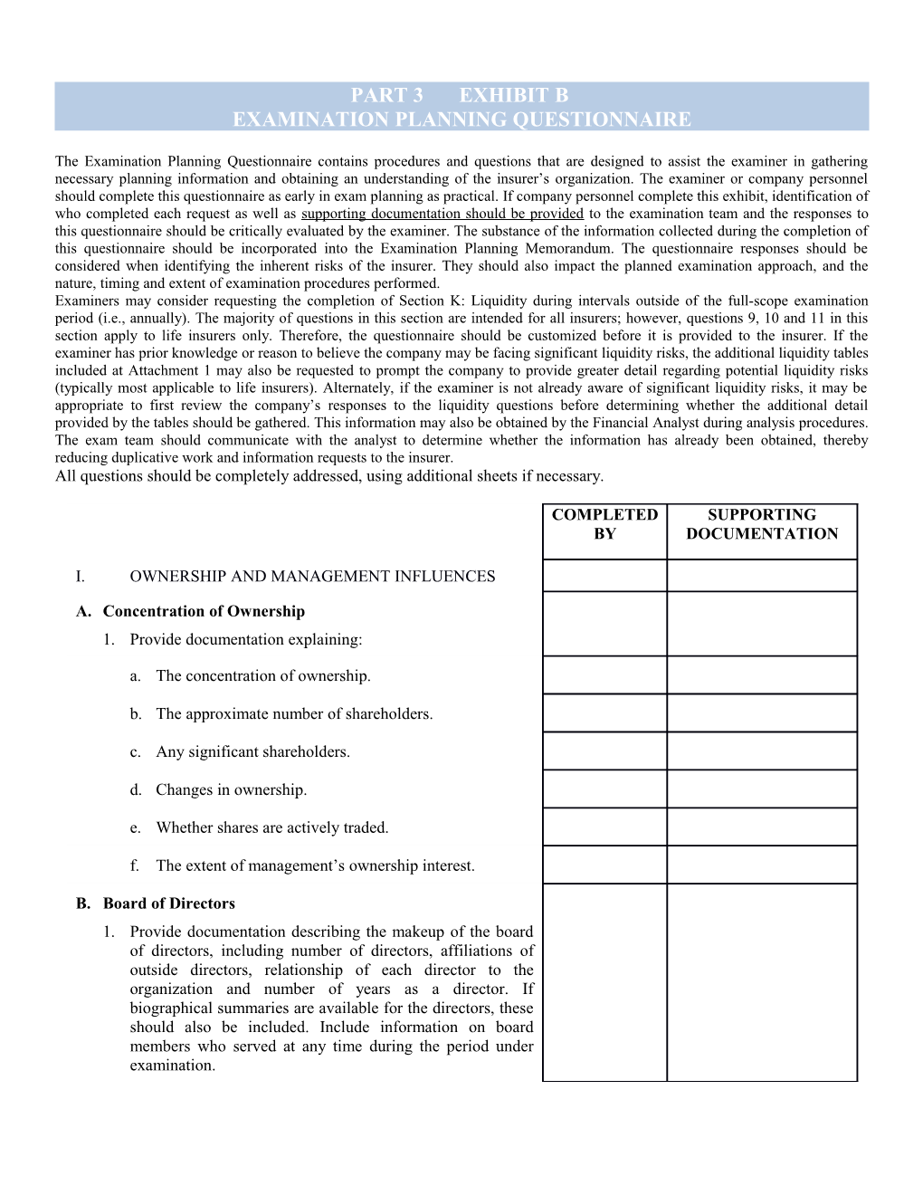 Exhibit B Examination Planning Questionnaire