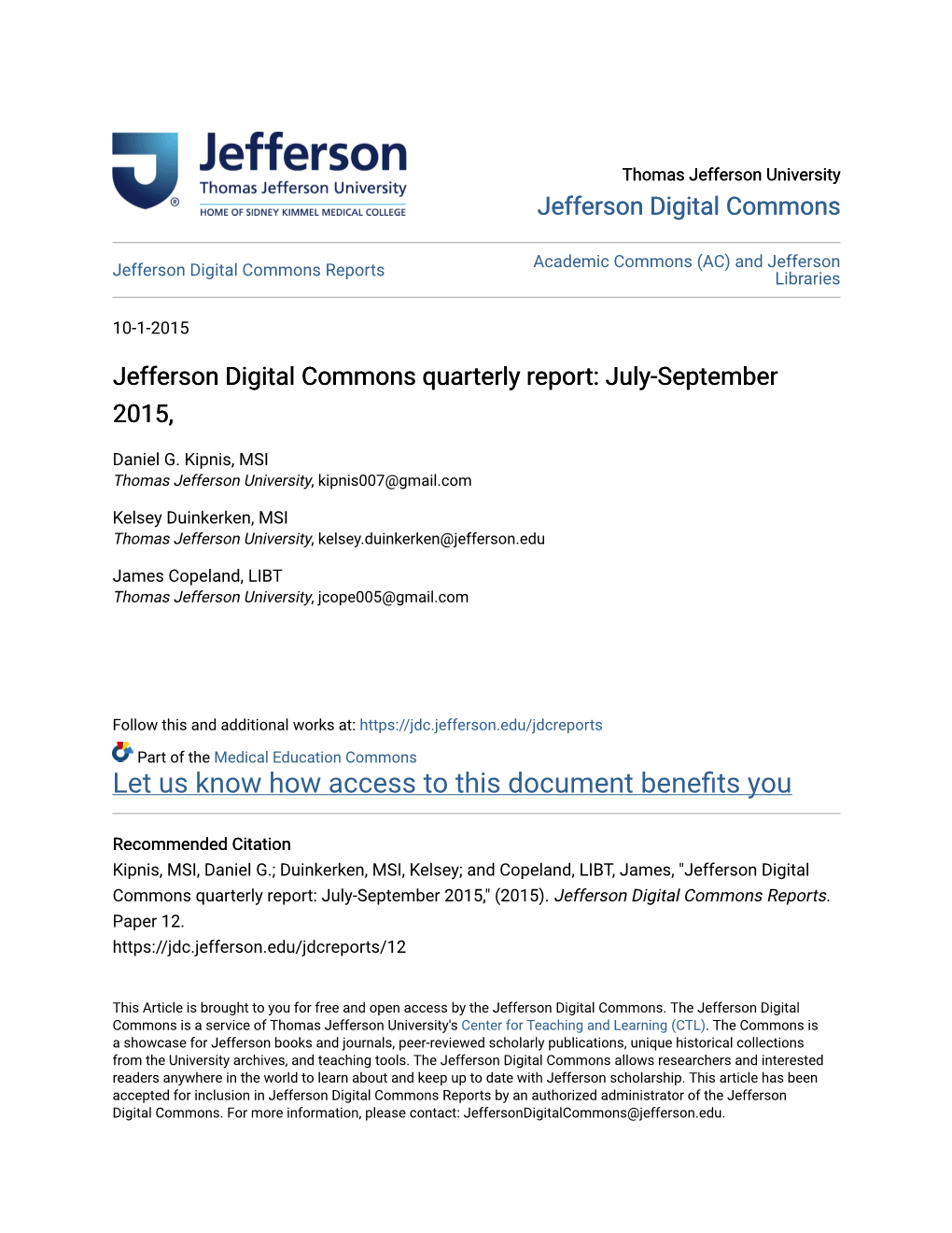 Jefferson Digital Commons Quarterly Report: July-September 2015