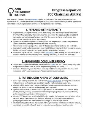 Progress Report on FCC Chairman Ajit Pai