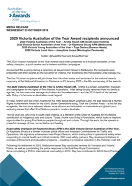 2020 Victoria Australian of the Year Award Recipients Announced