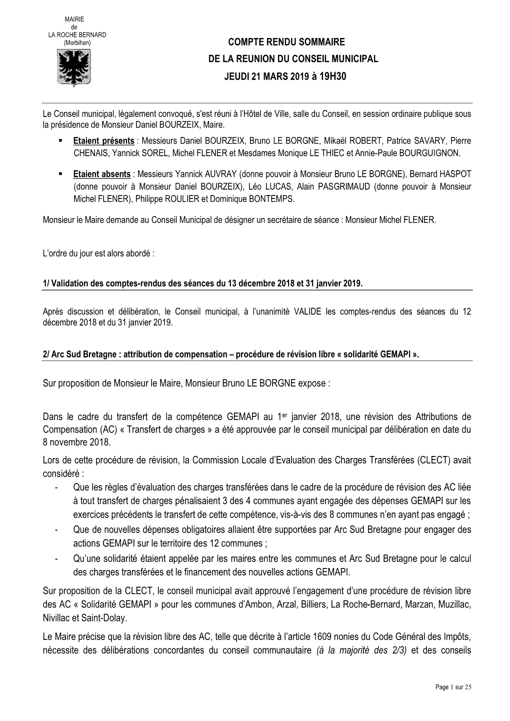 Compte Rendu Sommaire De La Reunion Du Conseil Municipal Jeudi 21 Mars 2019 À 19H30