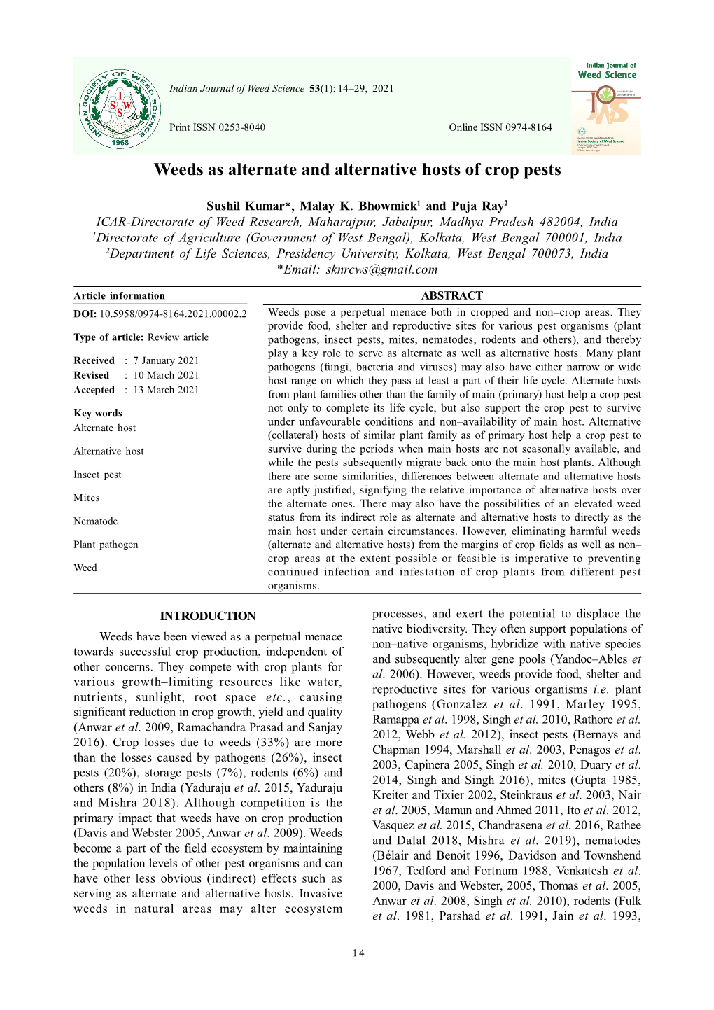 Weeds As Alternate and Alternative Hosts of Crop Pests