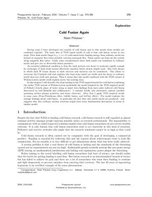 Cold Fusion Again 1 Introduction