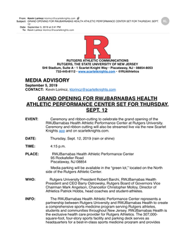 Grand Opening for Rwjbarnabas Health Athletic Performance Center Set for Thursday, Sept