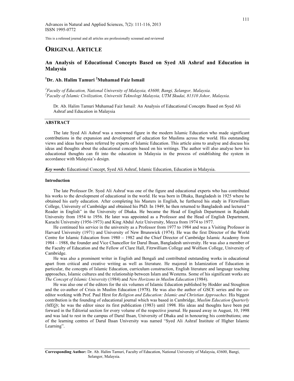 ORIGINAL ARTICLE an Analysis of Educational Concepts Based on Syed Ali Ashraf and Education in Malaysia