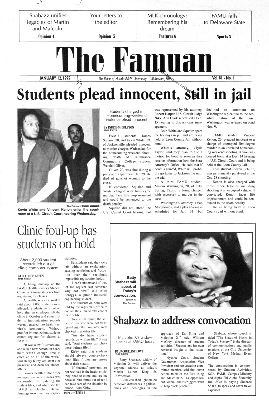 JANUARY 12, 1995 the Voice of Florida A&M University - Tallahassee, D , Vol.81 No.1 Students Plead Innocent, Ill in Jail