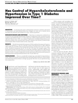 Has Control of Hypercholesterolemia and Hypertension in Type 1 Diabetes Improved Over Time?
