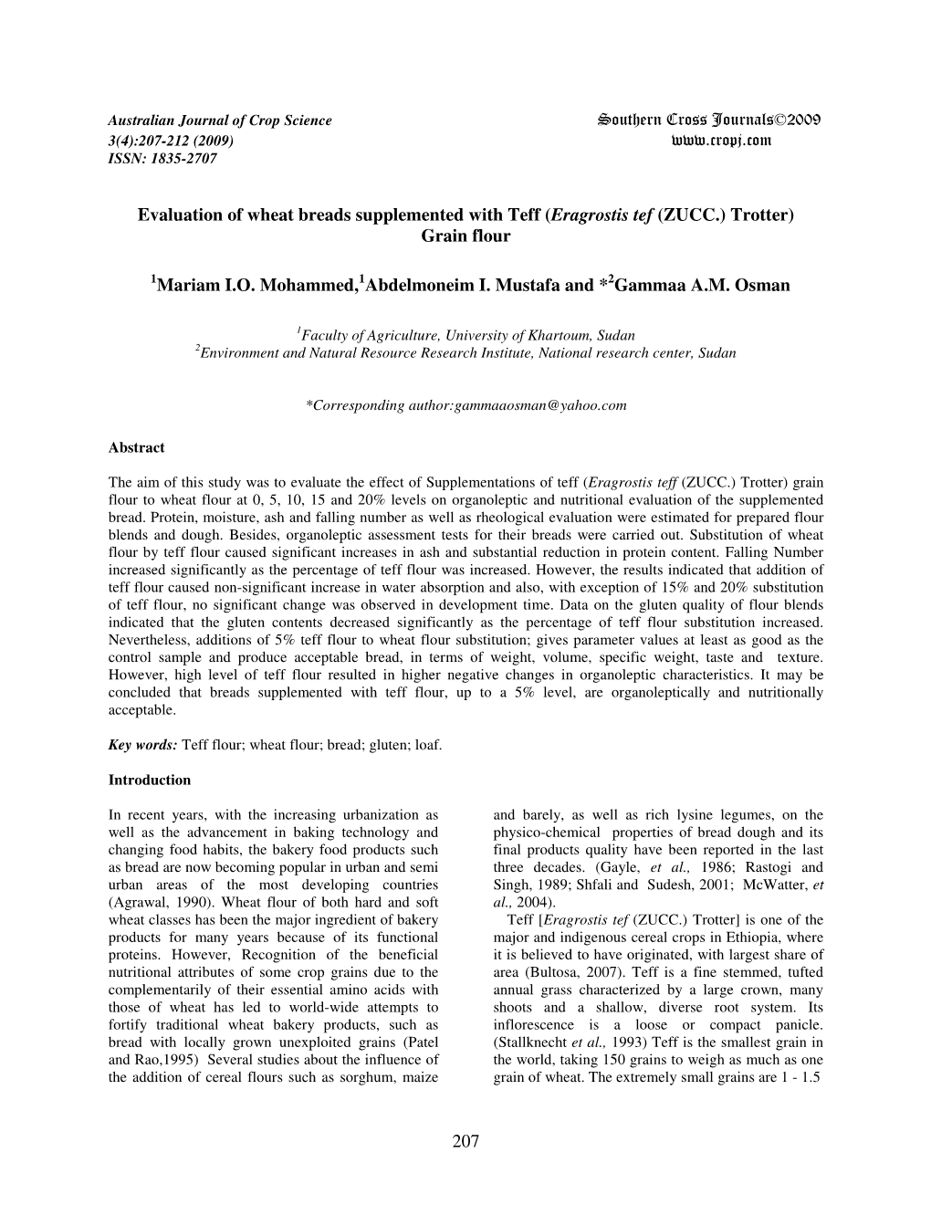 207 Evaluation of Wheat Breads Supplemented with Teff