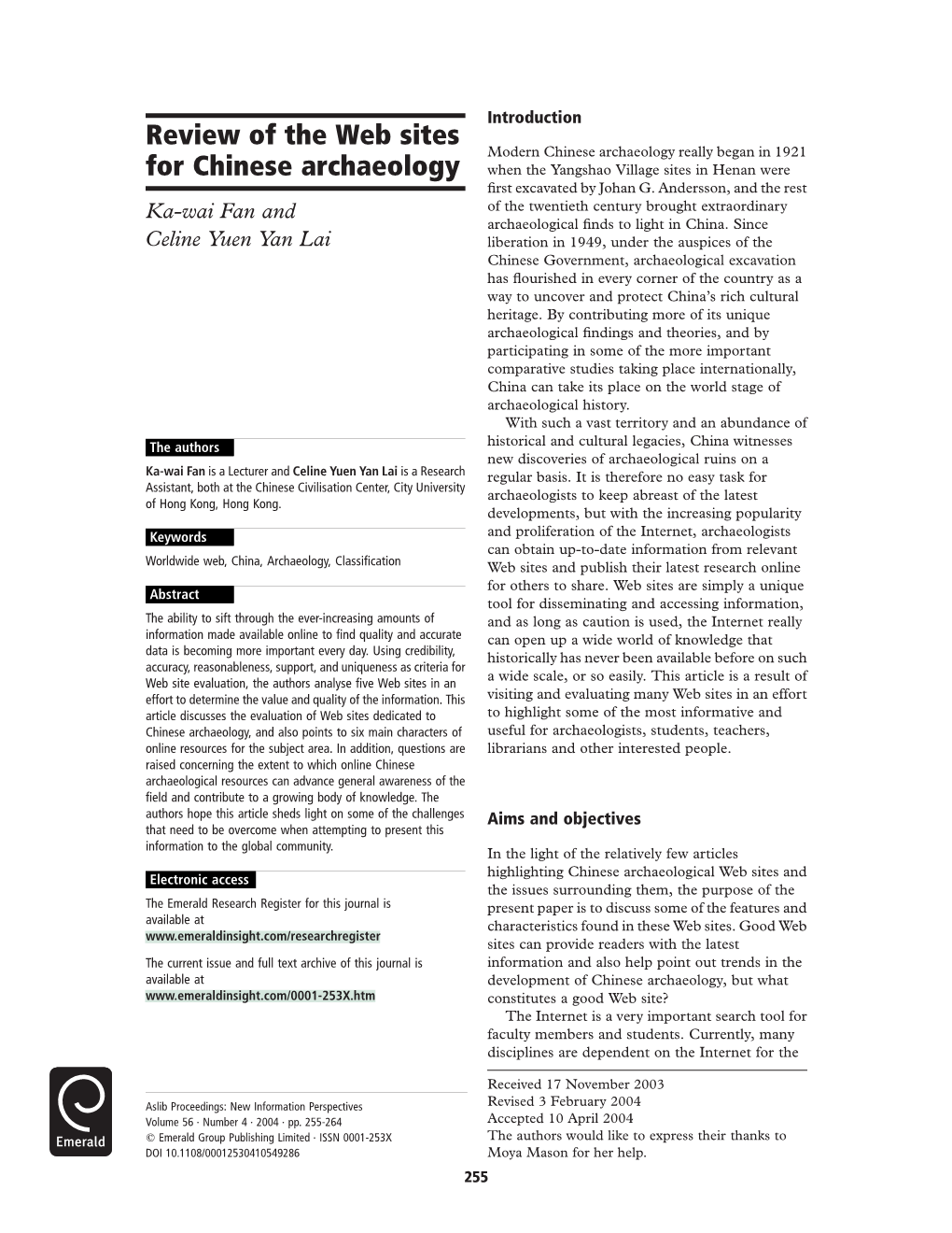 Review of the Web Sites for Chinese Archaeology