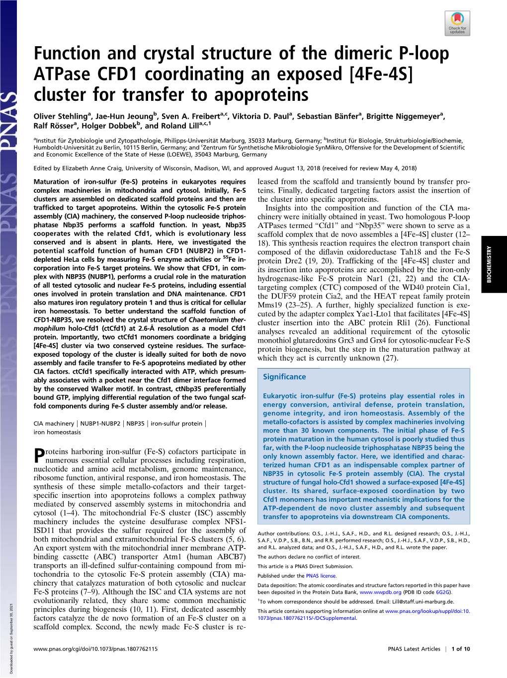 Function and Crystal Structure of the Dimeric P-Loop Atpase CFD1 Coordinating an Exposed [4Fe-4S] Cluster for Transfer to Apoproteins