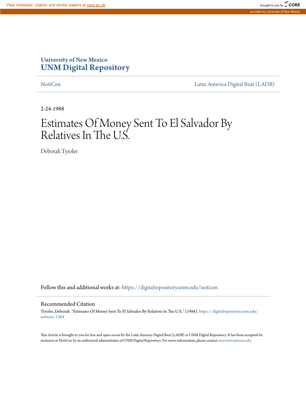 Estimates of Money Sent to El Salvador by Relatives in the .SU