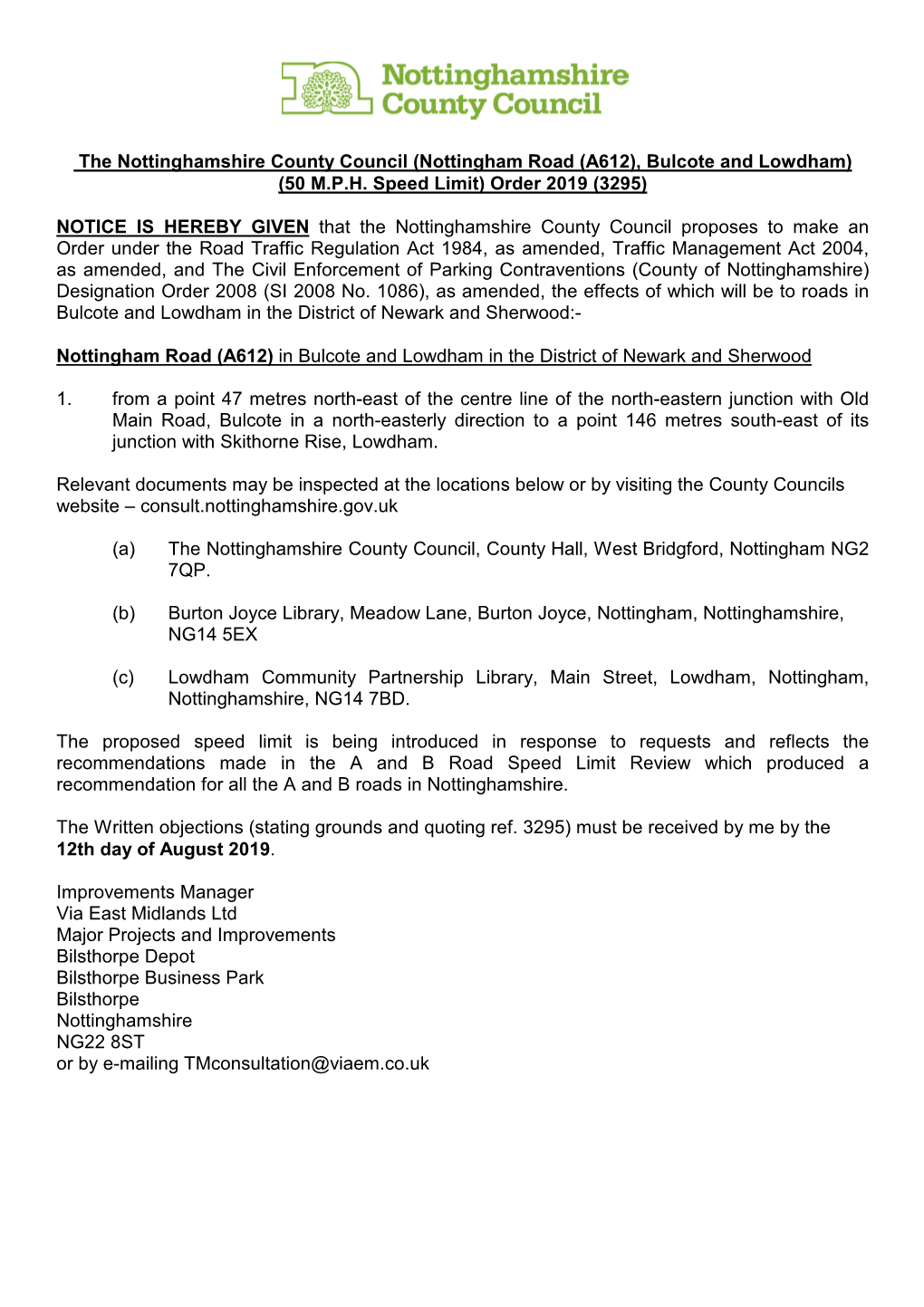 NOTICE of PROPOSAL A612 Bulcote to Lowdham 50Mph SL