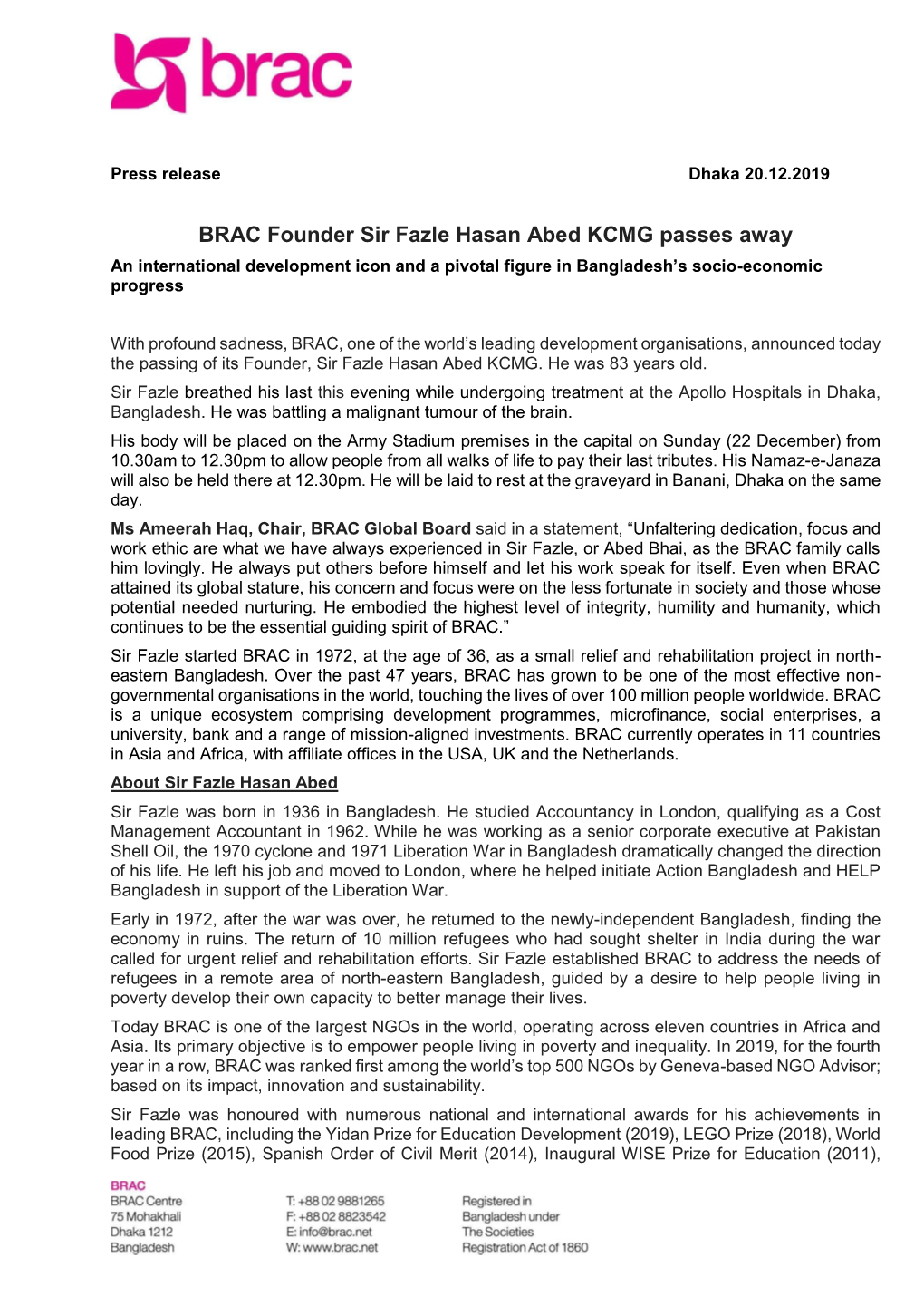 BRAC Founder Sir Fazle Hasan Abed KCMG Passes Away an International Development Icon and a Pivotal Figure in Bangladesh’S Socio-Economic Progress
