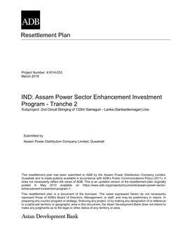 Assam Power Sector Enhancement Investment Program - Tranche 2 Subproject: 2Nd Circuit Stringing of 132Kv Samaguri – Lanka (Sankardevnagar) Line