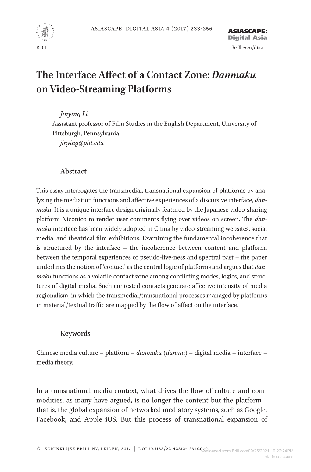 The Interface Affect of a Contact Zone: Danmaku on Video-Streaming Platforms