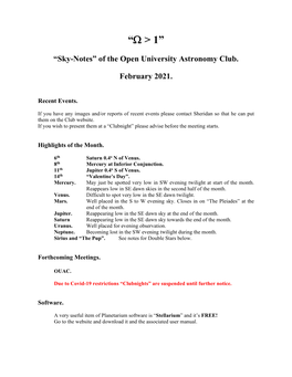 S=OU Astronomy Club Sky Notes for February 2021