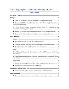 Thursday, January 28, 2021 News Contents COVID-19 Pandemic