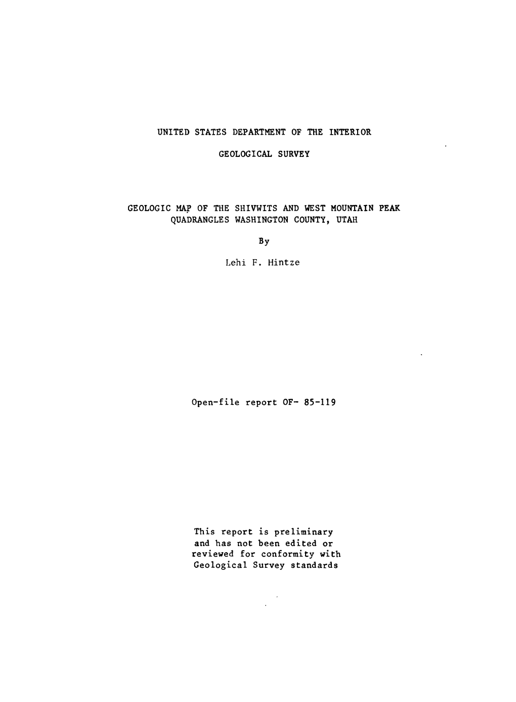 United States Department of the Interior Geological Survey Geologic Map of the Shivwits and West Mountain Peak Quadrangles Washi