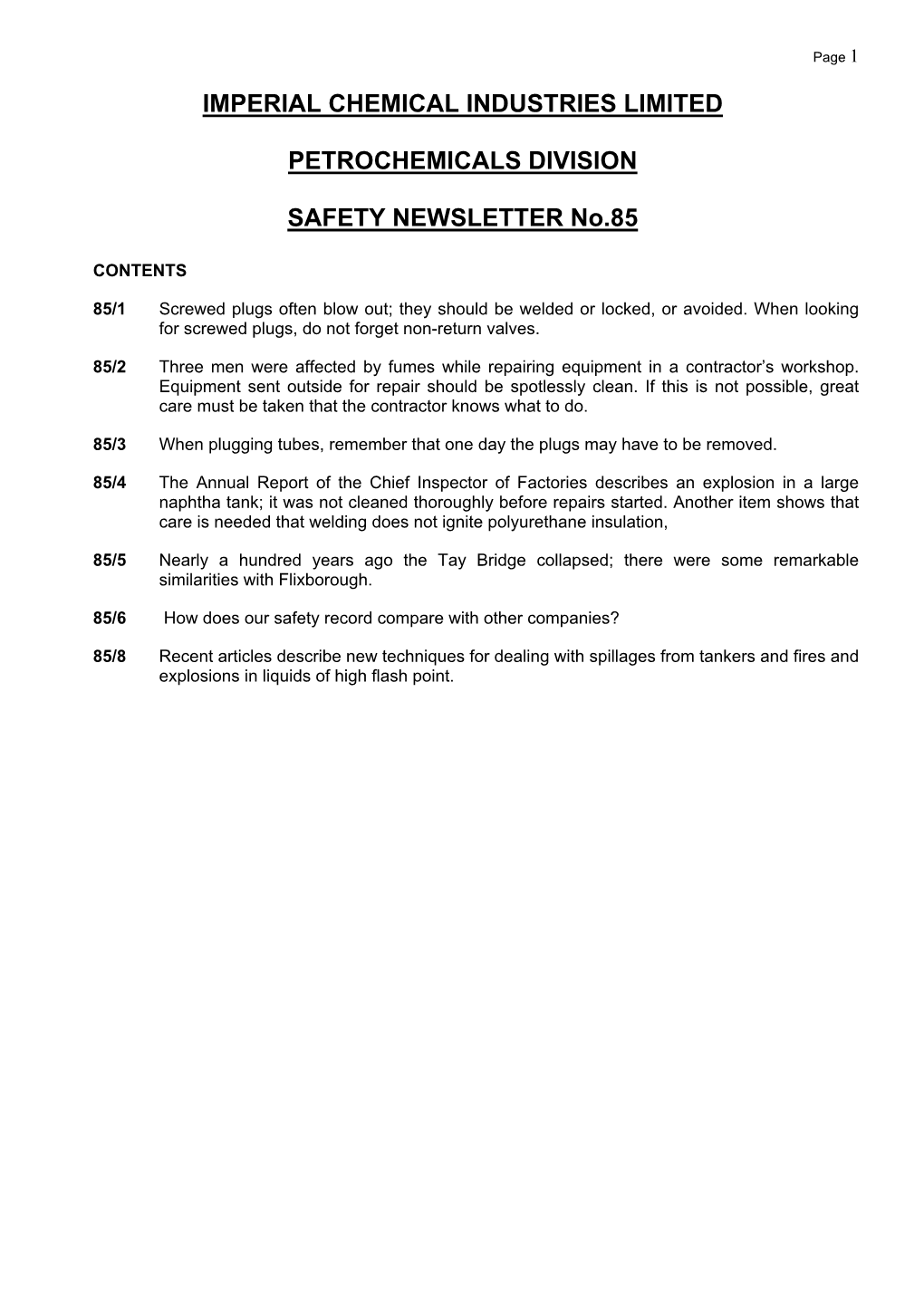 Transcription of ICI Safety Newsletter 85