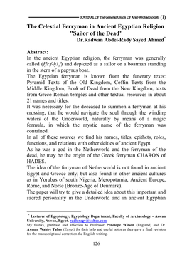 The Celestial Ferryman in Ancient Egyptian Religion "Sailor of the Dead" Dr.Radwan Abdel-Rady Sayed Ahmed*