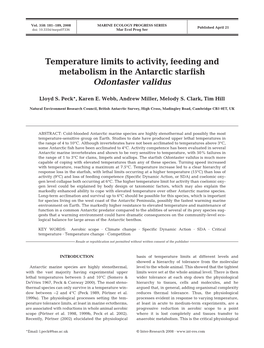 Temperature Limits to Activity, Feeding and Metabolism in the Antarctic Starfish Odontaster Validus