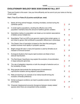 Evolutionary Biology Bios 30305 Exam #2 Fall 2017