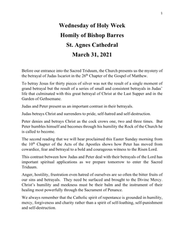 Wednesday of Holy Week Homily of Bishop Barres St. Agnes Cathedral March 31, 2021