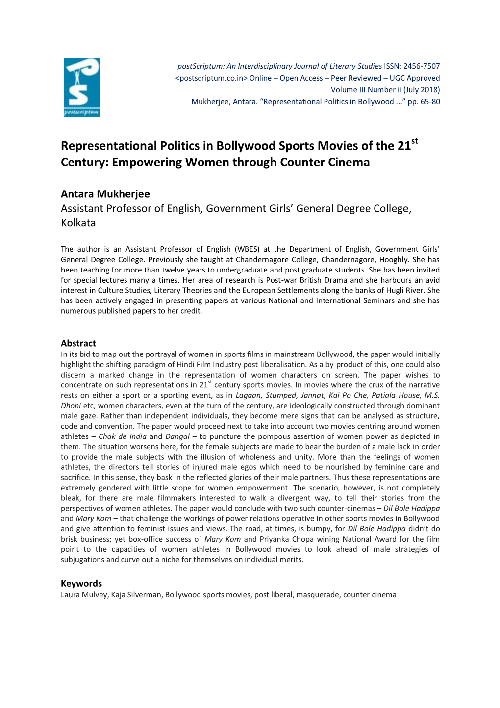 Representational Politics in Bollywood Sports Movies of the 21St Century: Empowering Women Through Counter Cinema