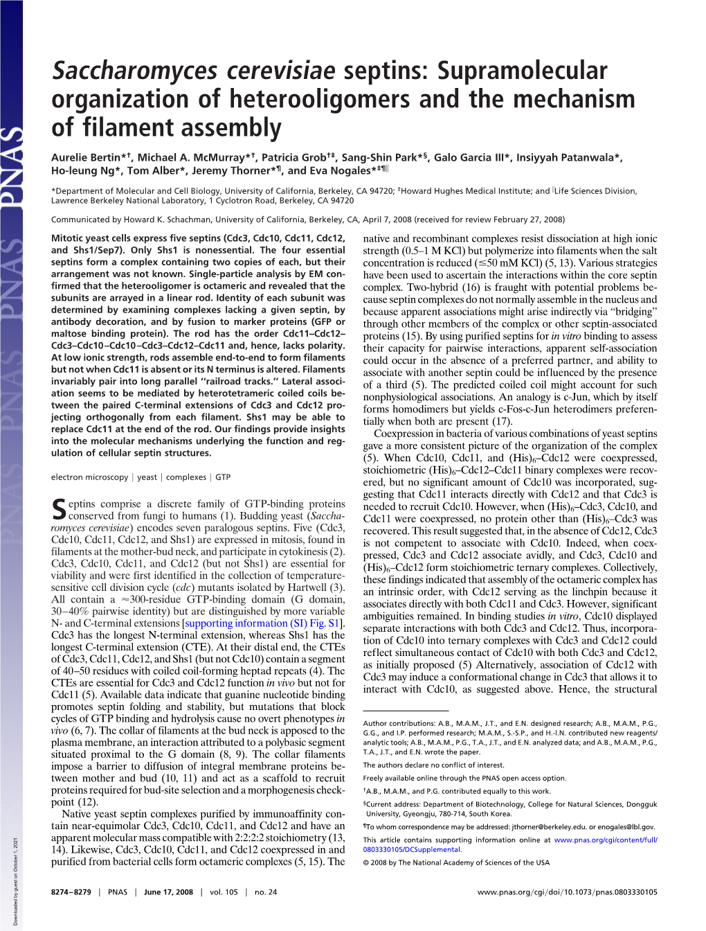 Saccharomyces Cerevisiae Septins: Supramolecular Organization of Heterooligomers and the Mechanism of Filament Assembly