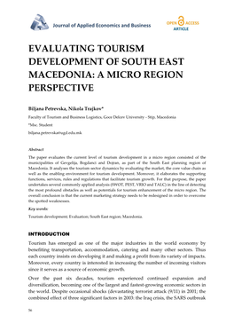Evaluating Tourism Development of South East Macedonia: a Micro Region Perspective