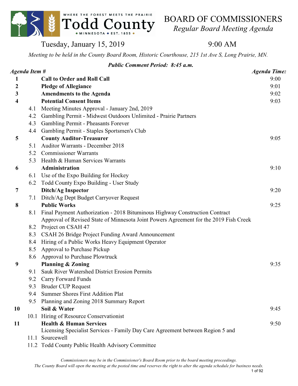 BOARD of COMMISSIONERS Regular Board Meeting Agenda