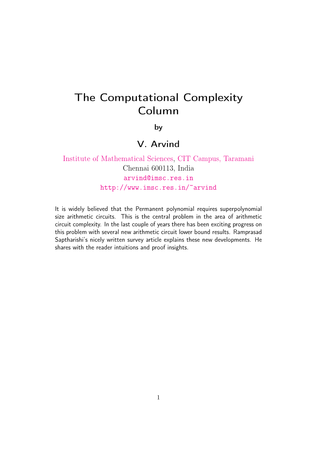 The Computational Complexity Column by V