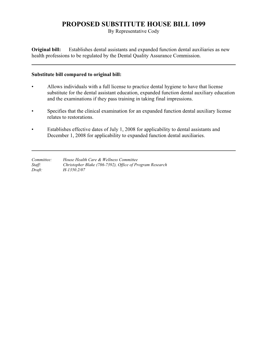 PROPOSED SUBSTITUTE HOUSE BILL 1099 by Representative Cody