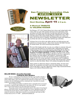 NEWSLETTER Next Meeting, April 15 @ 2 P.M