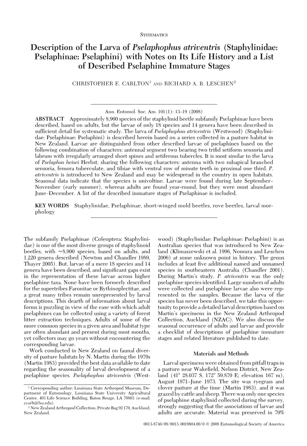 Staphylinidae: Pselaphinae: Pselaphini) with Notes on Its Life History and a List of Described Pselaphine Immature Stages