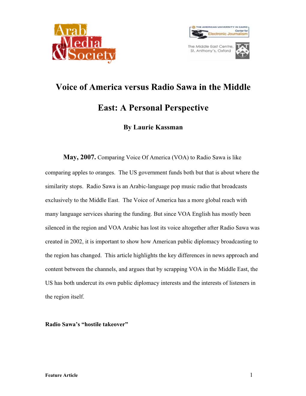 Voice of America Versus Radio Sawa in the Middle