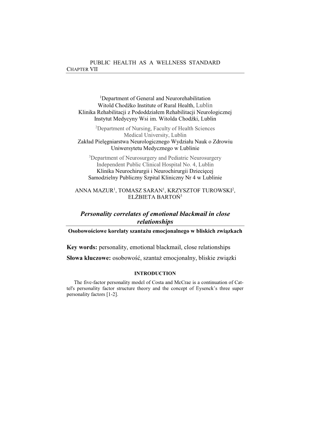 Personality Correlates of Emotional Blackmail in Close Relationships Osobowościowe Korelaty Szantażu Emocjonalnego W Bliskich Związkach