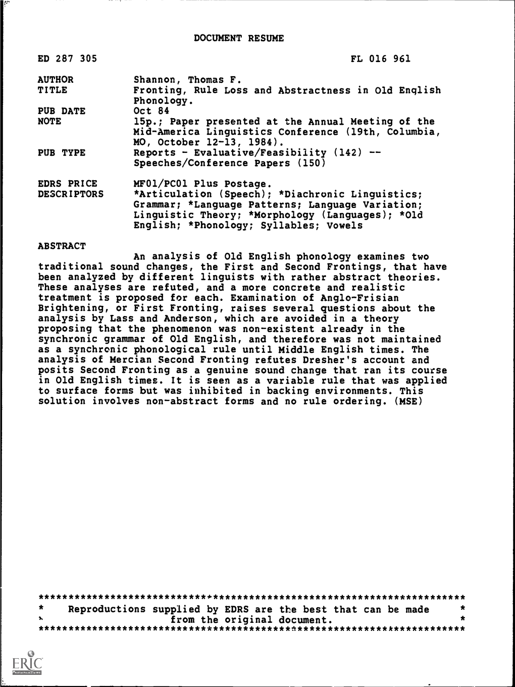 NOTE 15P.; Paper Presented at the Annual Meeting of the Mid-America Linguistics Conference (19Th, Columbia, MO, October 12-13, 1984)