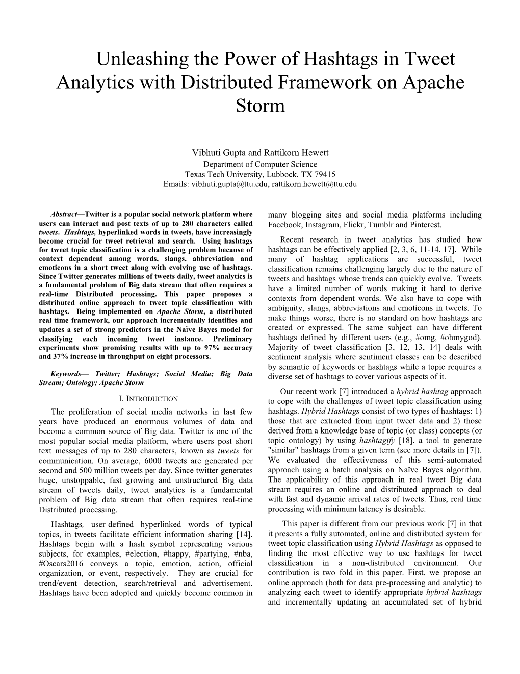 Unleashing the Power of Hashtags in Tweet Analytics with Distributed Framework on Apache Storm