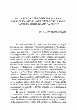 Falla, Lorca Y Fernando De Los Ríos: Tres Personajes Claves En El Concurso De Cante Jondo De Granada De 1922
