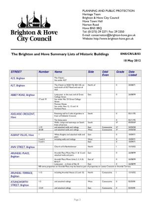 The Brighton and Hove Summary Lists of Historic Buildings ENS/CR/LB/03