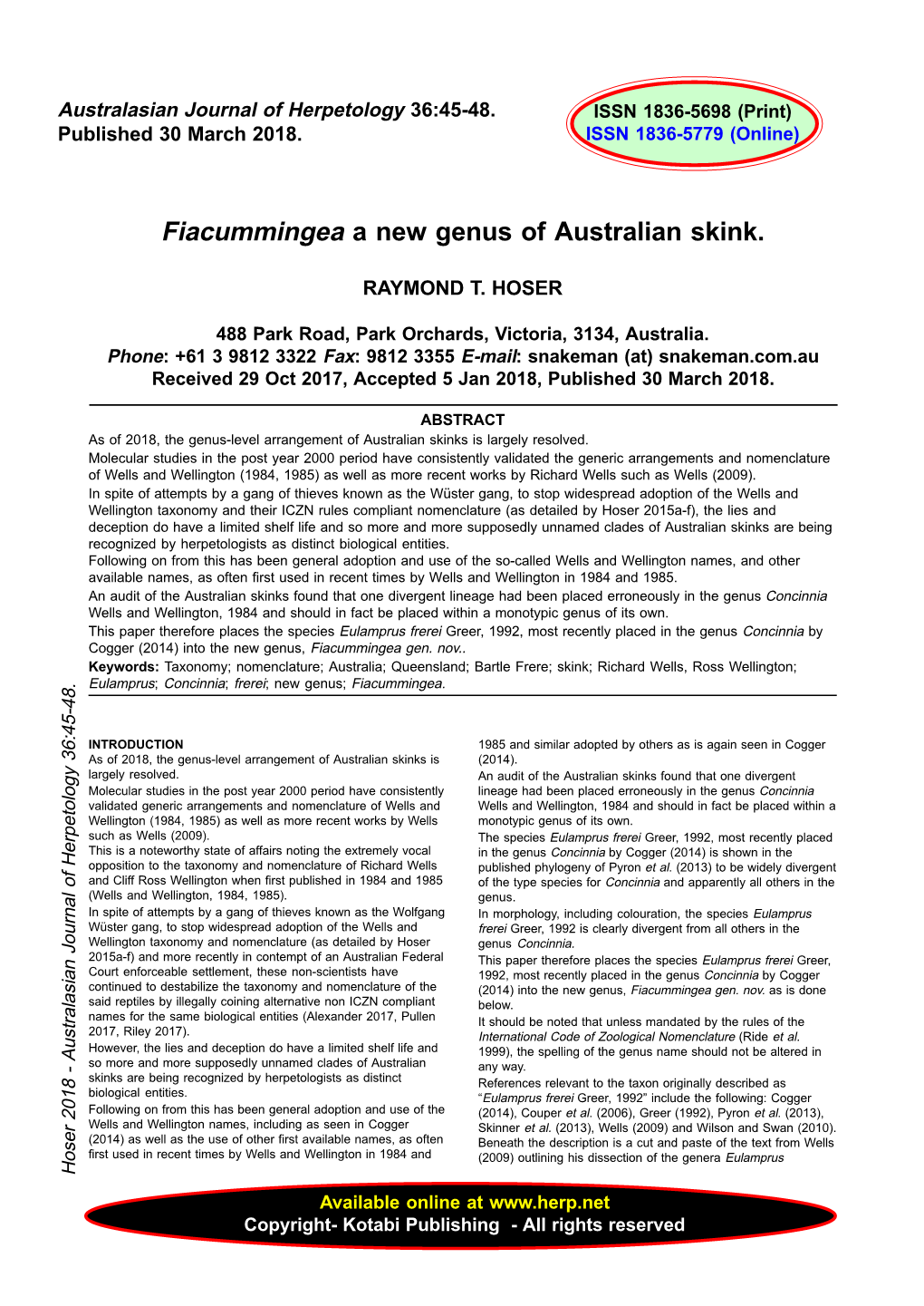 Fiacummingea a New Genus of Australian Skink...Raymond T. Hoser, Pp. 45-48