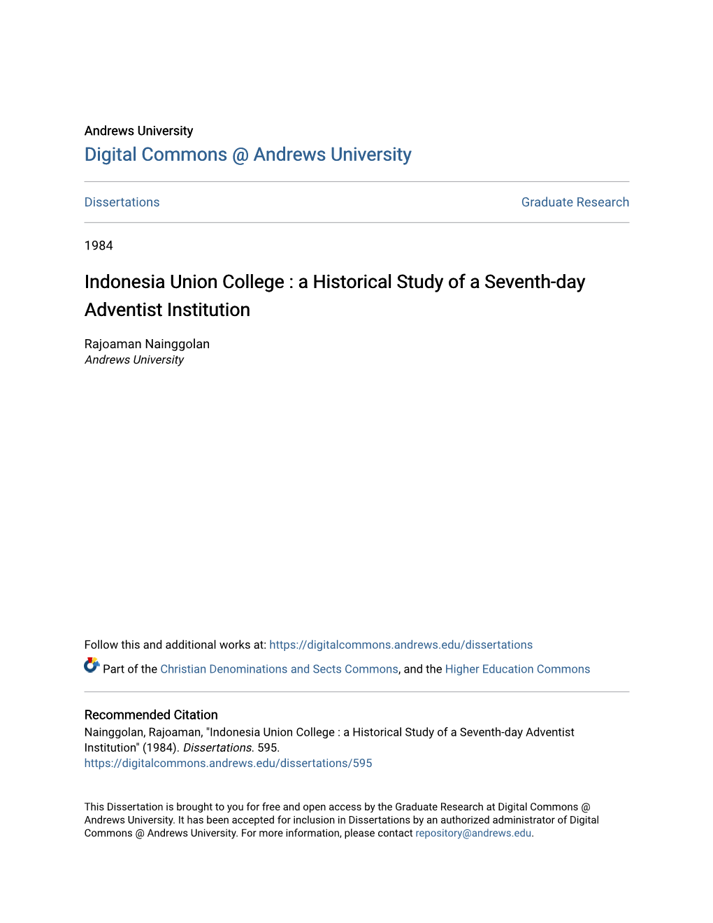 Indonesia Union College : a Historical Study of a Seventh-Day Adventist Institution