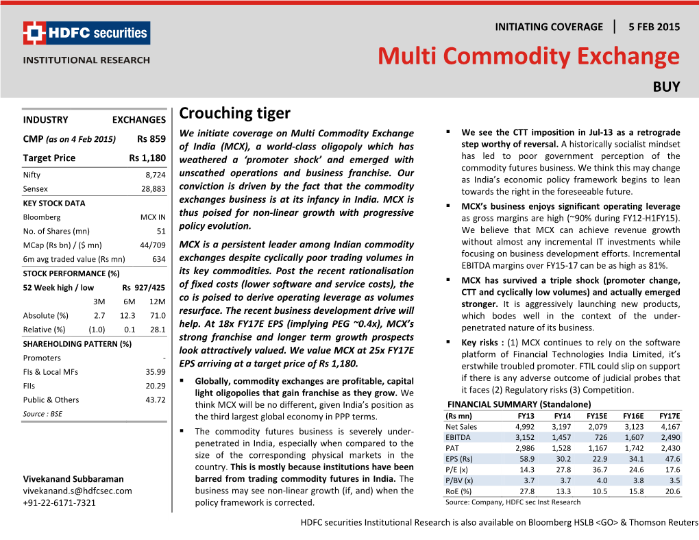 MCX), a World-Class Oligopoly Which Has Step Worthy of Reversal