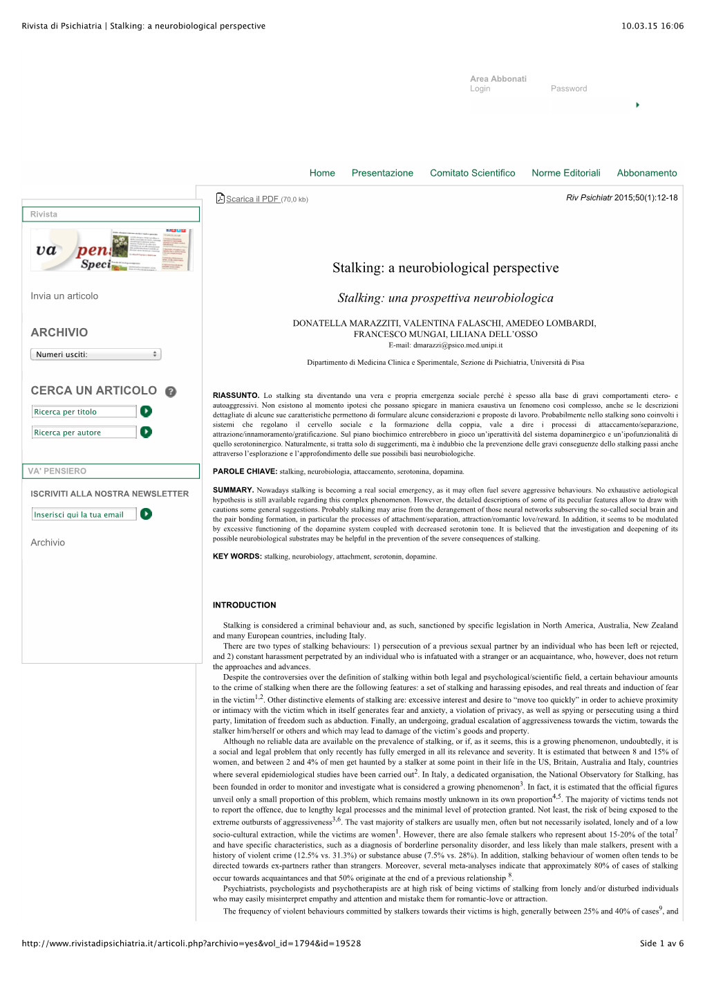 Rivista Di Psichiatria | Stalking: a Neurobiological Perspective 10.03.15 16:06