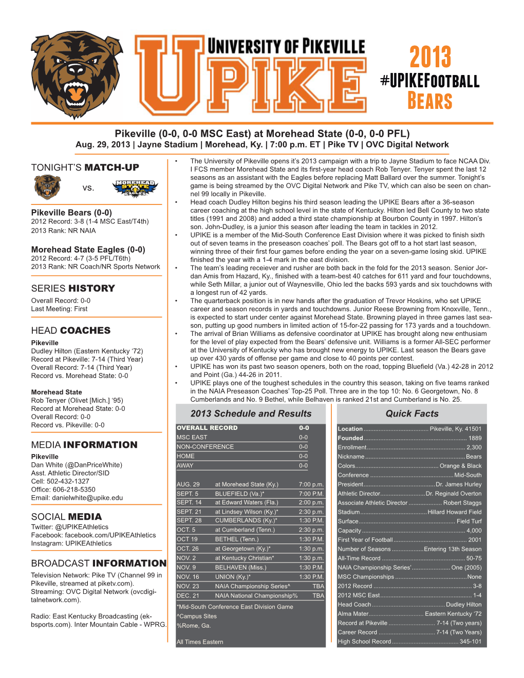 UPIKE FB Game Notes 082913 Morehead State.Indd